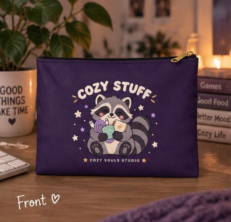 Lila Cozy-Stuff-Tasche mit Waschbärmotiv auf einem warm beleuchteten Holztisch