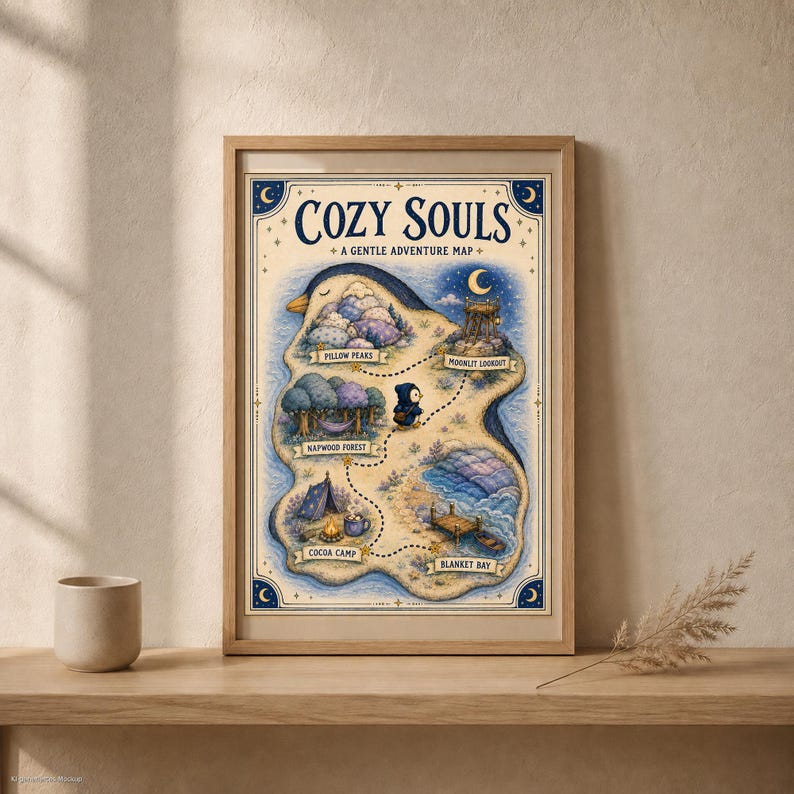 Cozy Souls Gentle Adventure Map als gerahmtes Pinguin-Fantasieposter auf einer Holzablage