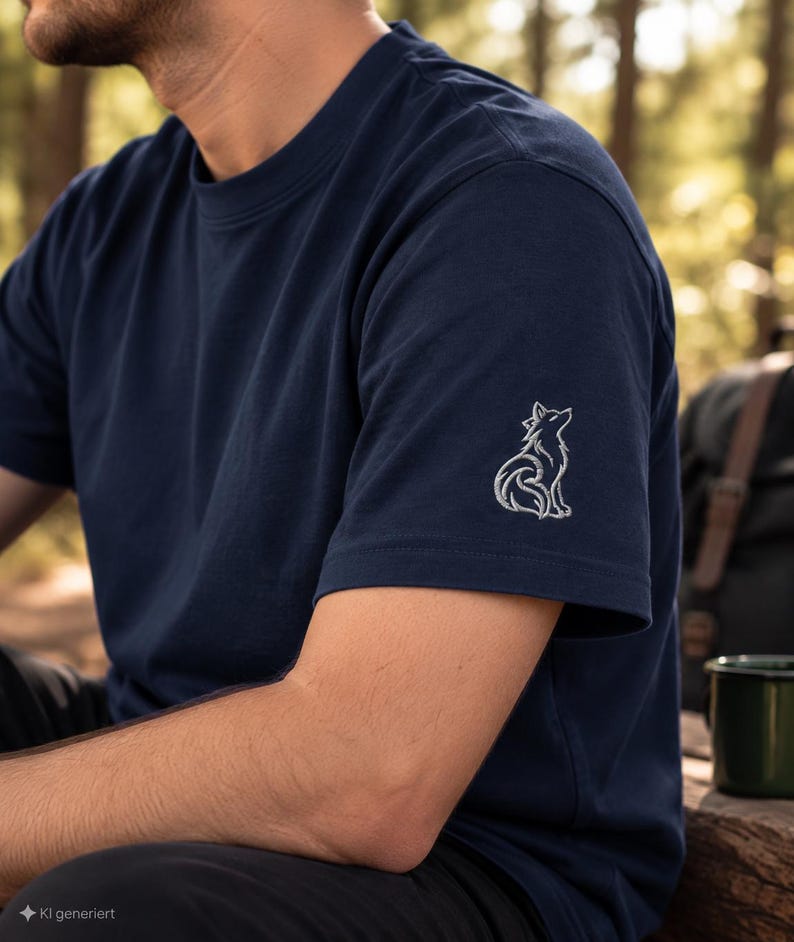 Marineblaues T-Shirt mit weißem Wolfstick auf dem linken Ärmel in einer Waldkulisse